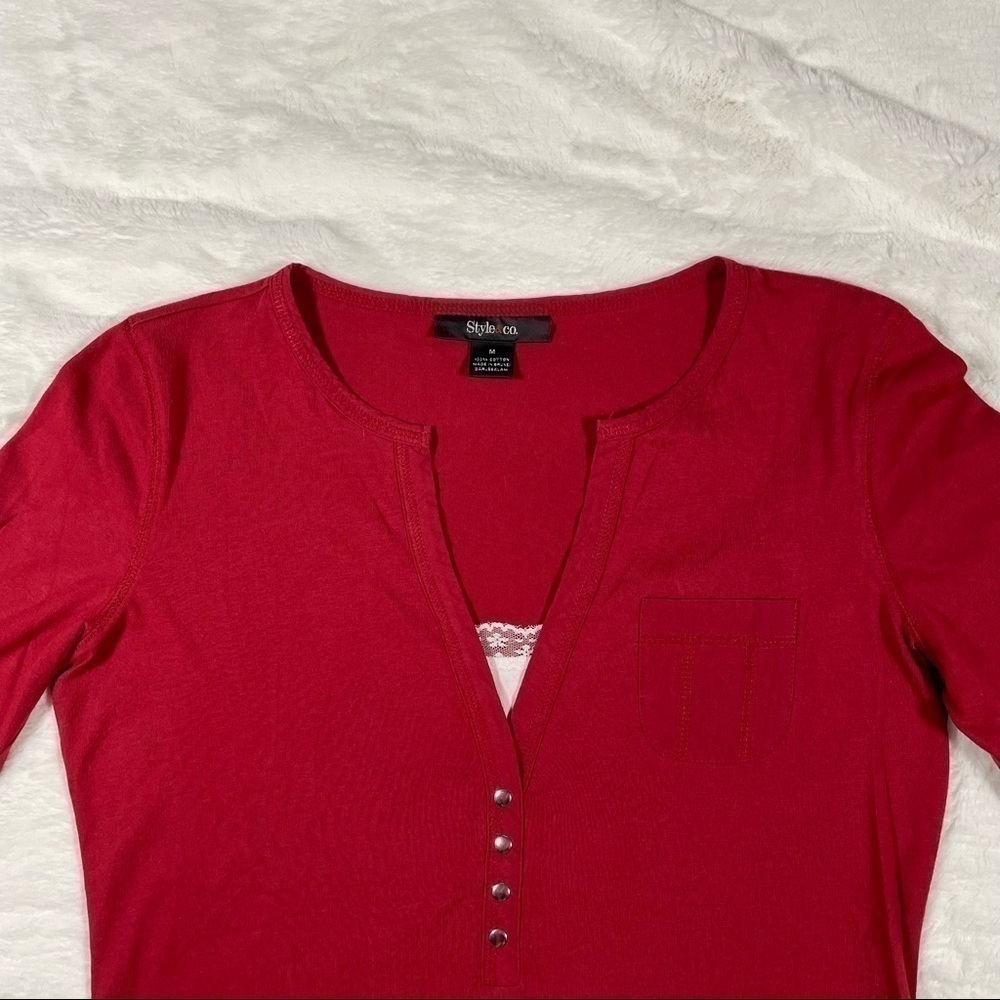 New Without Tags Style & Co Burgundy Trendy Faux Layered Shirt 100% Cotton